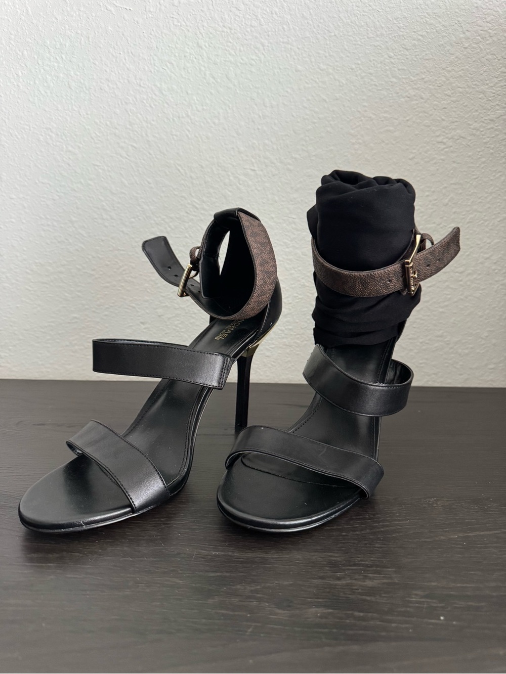 Michael Kors Black Strappy High Heel Sandals with Ankle Wrap